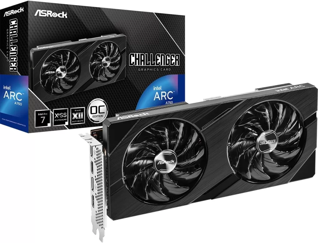 ASRock Intel ARC A750 Challenger D 8GB OC, 8GB DDR6, PCIe4, 2 HDMI, 2 DP, 2200MHz Clock, 0dB Cooling, Overclocked
